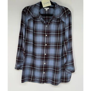 J Jill Flannel Shirt Womens PXL Powder Blue Black Plaid Button Up Shacket Preppy